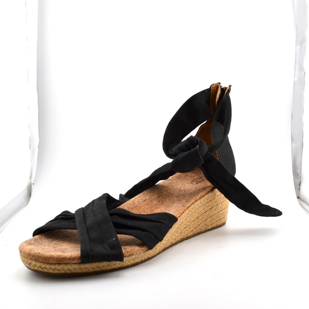 UGG Wedge Sandals Women 10 Black Summer Espadrille Ankle Tie Women Vacation